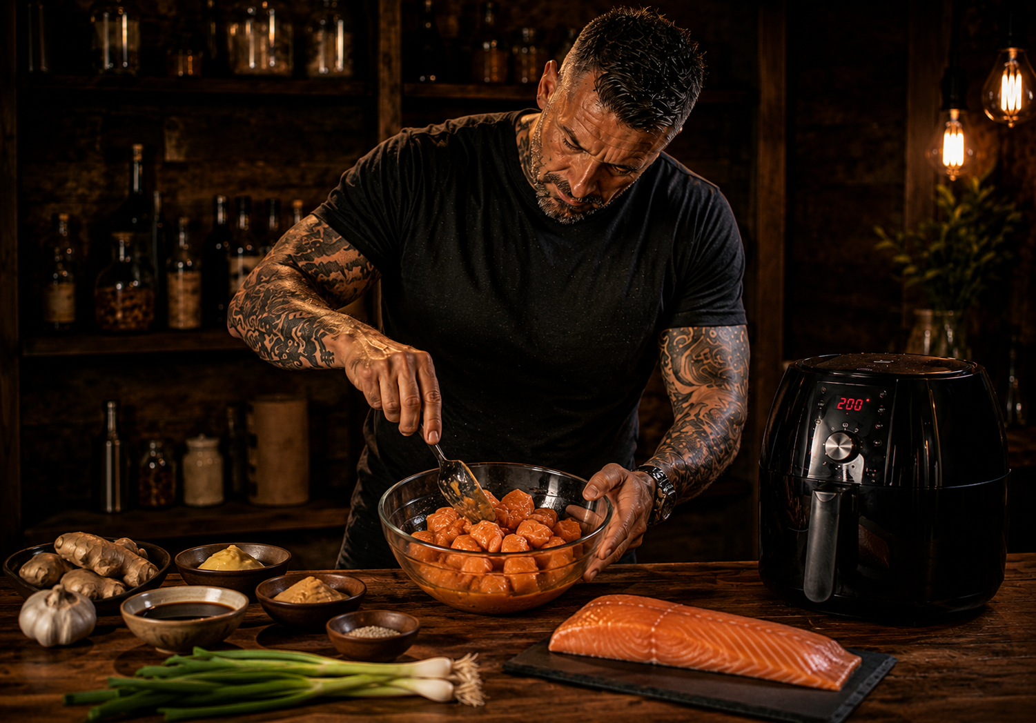 Air-Fryer Japanese Miso Glazed Salmon Bites preparation stage