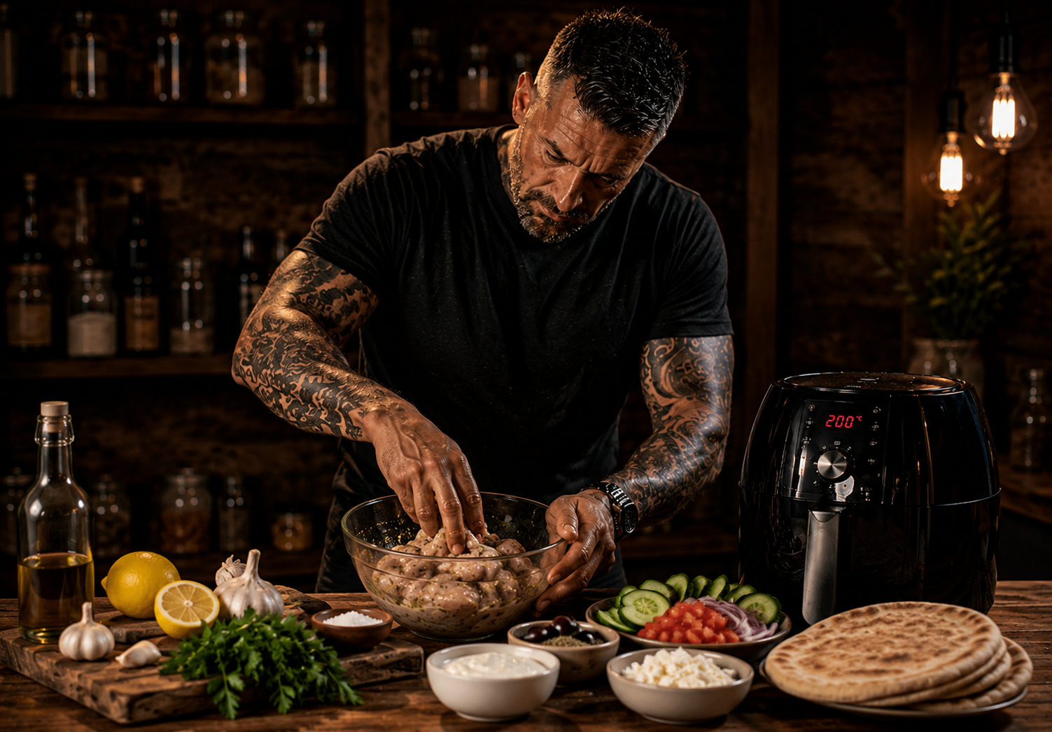 Air-Fryer Greek Fish Gyros with Garlic Yoghurt preparation stage