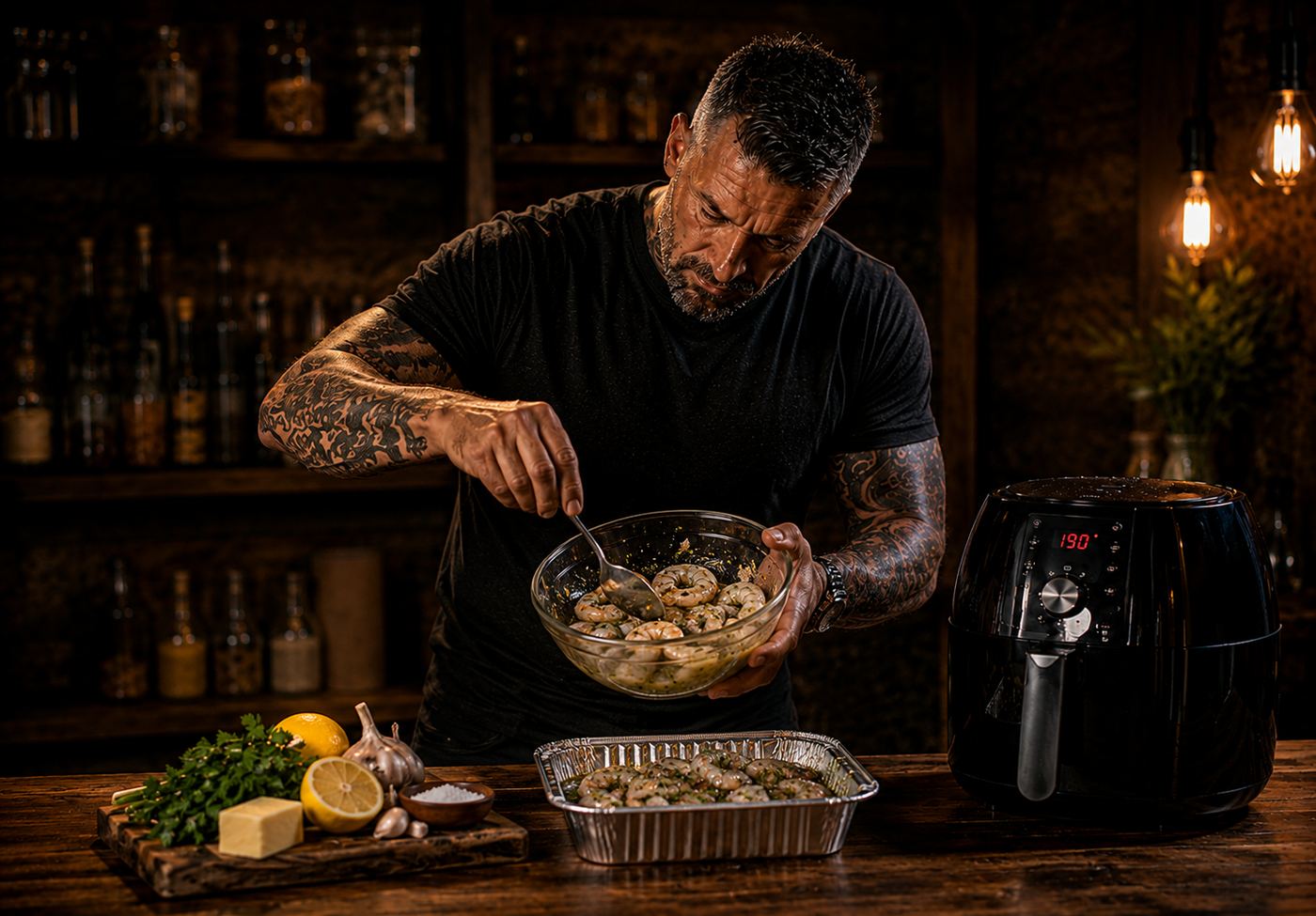Air-Fryer Garlic Butter King Prawn Bites preparation stage