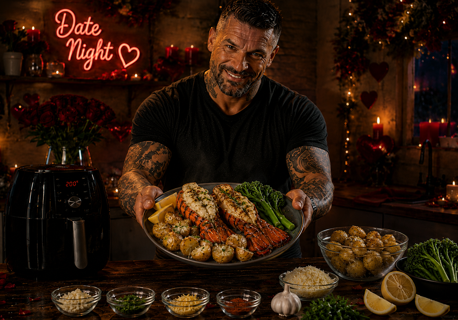 Air-Fryer Garlic Butter Lobster Tails with Parmesan Potatoes