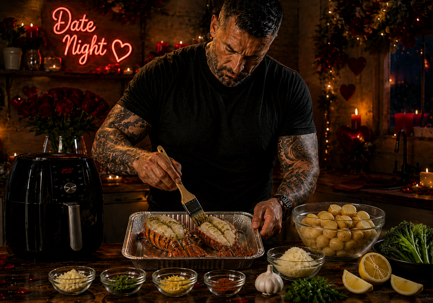 Air-Fryer Garlic Butter Lobster Tails with Parmesan Potatoes preparation stage