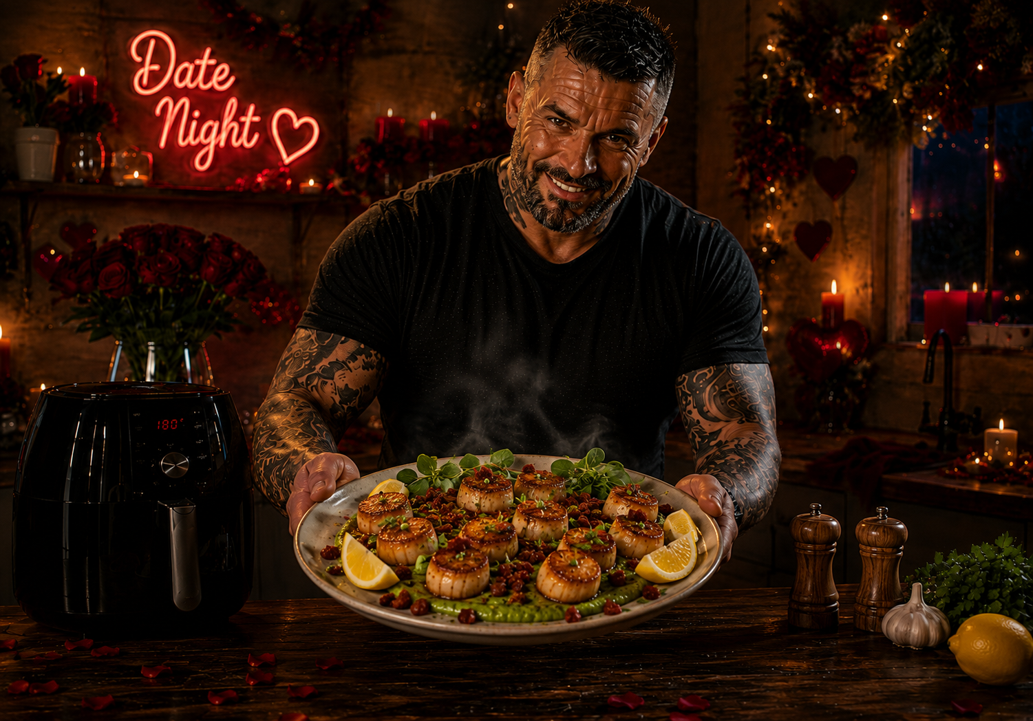 Air-Fryer Garlic Butter Scallops with Chorizo Pea Purée