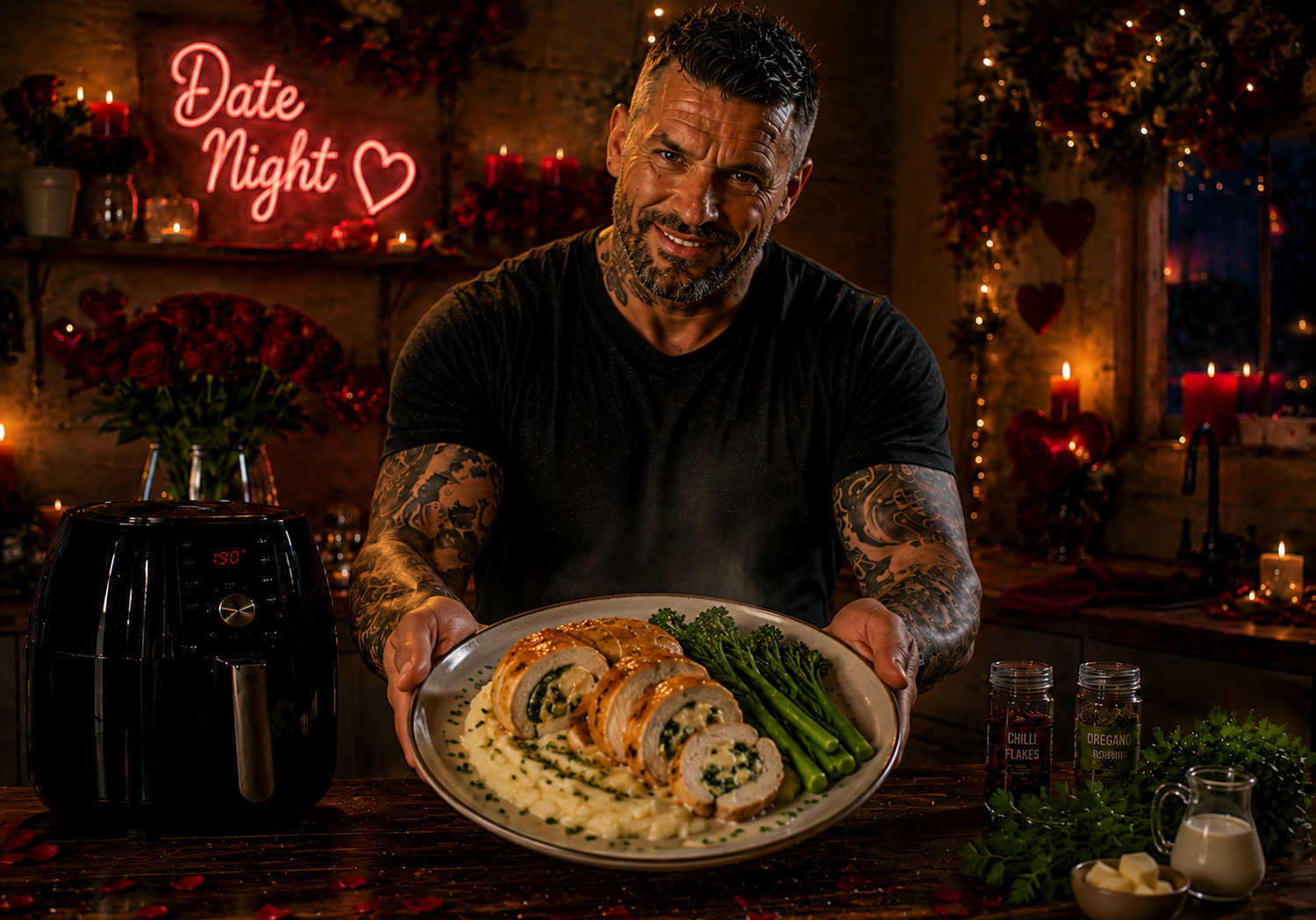 Air-Fryer Garlic Herb Chicken Roulades with Parmesan Mash