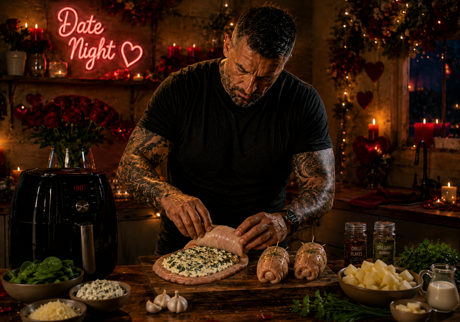 Air-Fryer Garlic Herb Chicken Roulades with Parmesan Mash preparation stage