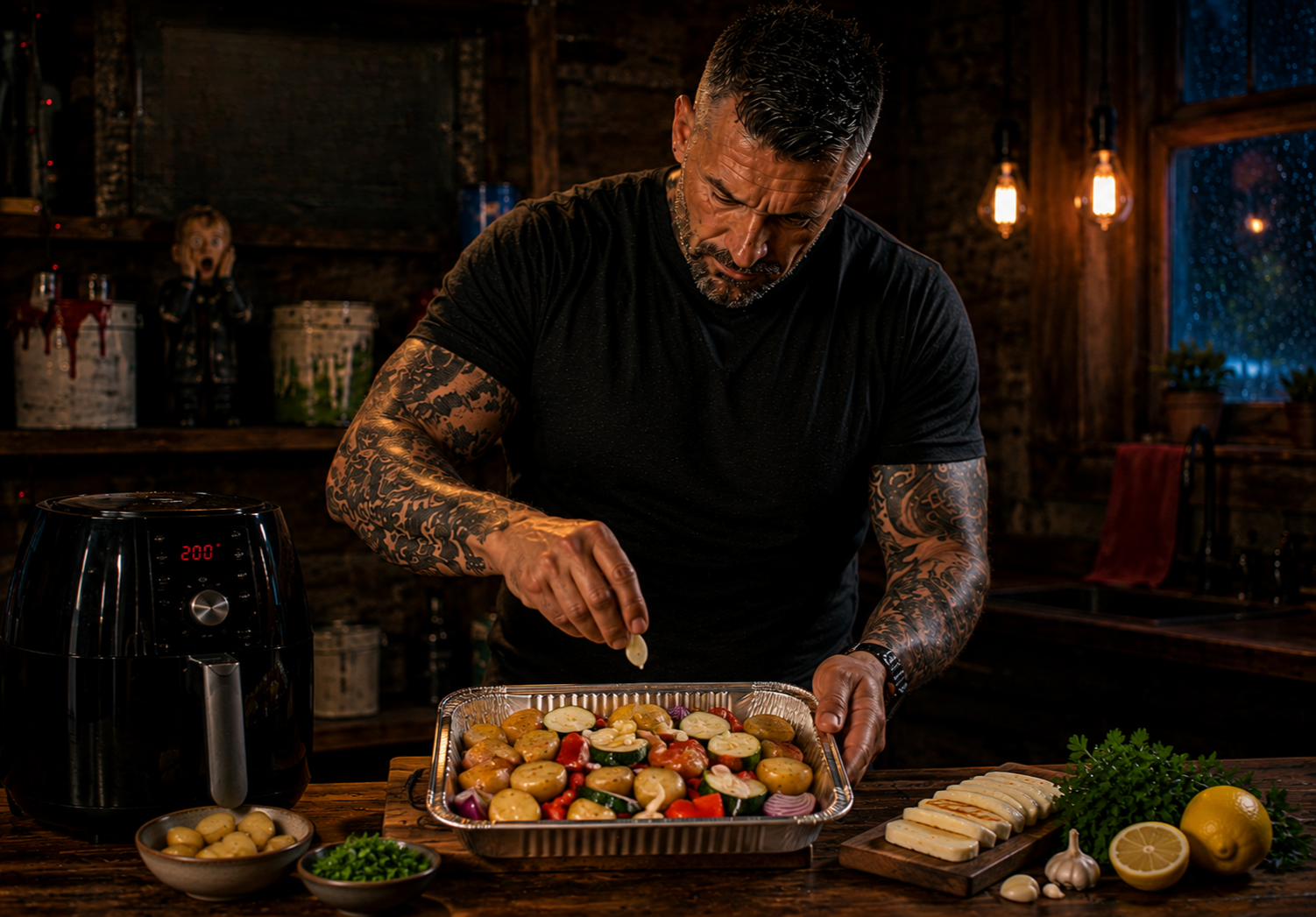 Air-Fryer Halloumi & Mediterranean Vegetable Tray preparation stage