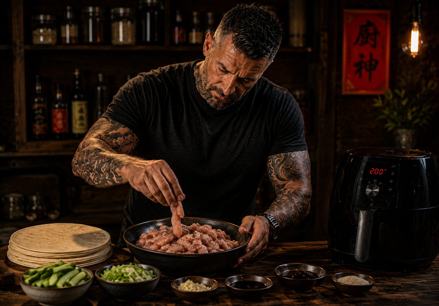 Air-Fryer Hoisin Chicken Pancake Rolls preparation stage