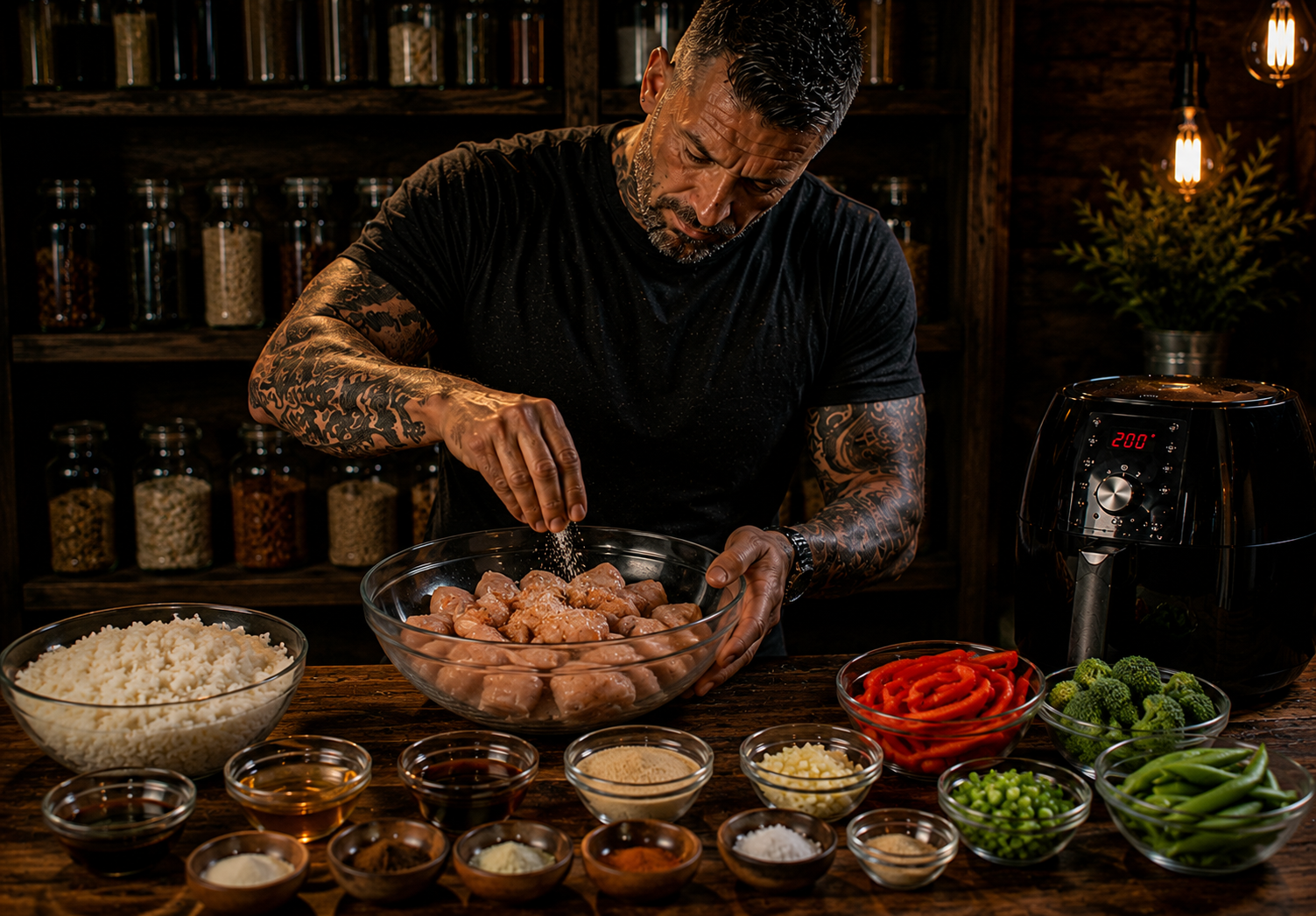 Air-Fryer Honey Garlic Sesame Chicken Bowls preparation stage