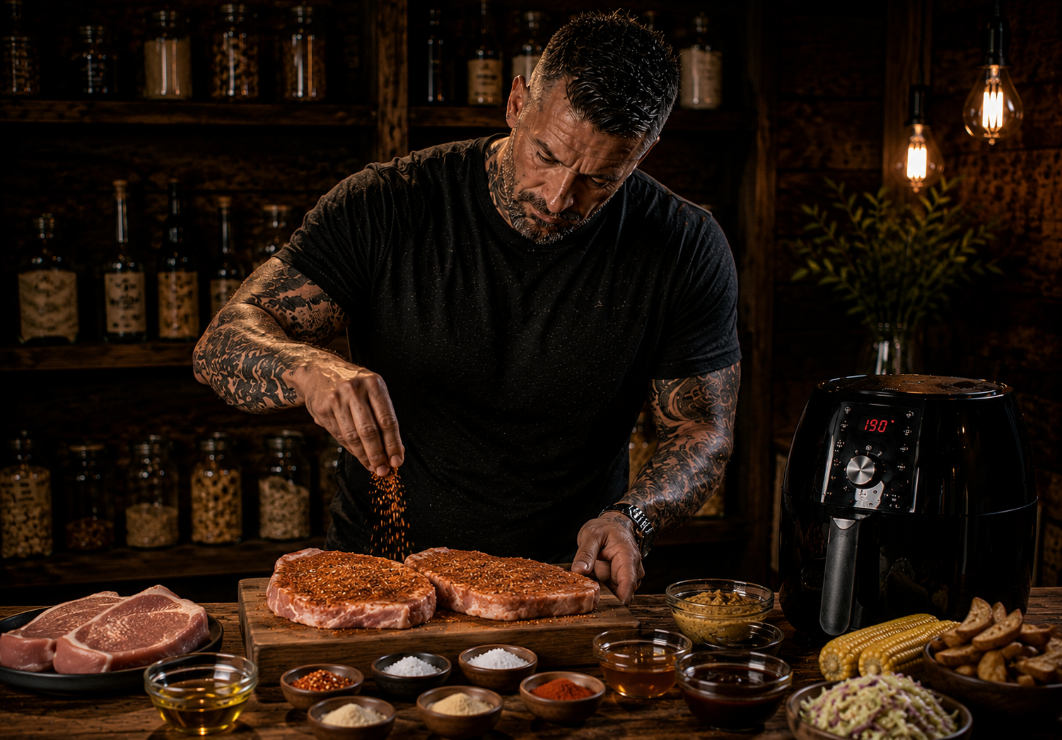 Air Fryer Honey Mustard BBQ Pork Steaks preparation stage