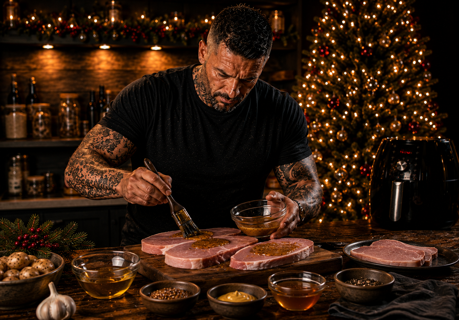 Air-Fryer Honey Mustard Gammon Steaks preparation stage