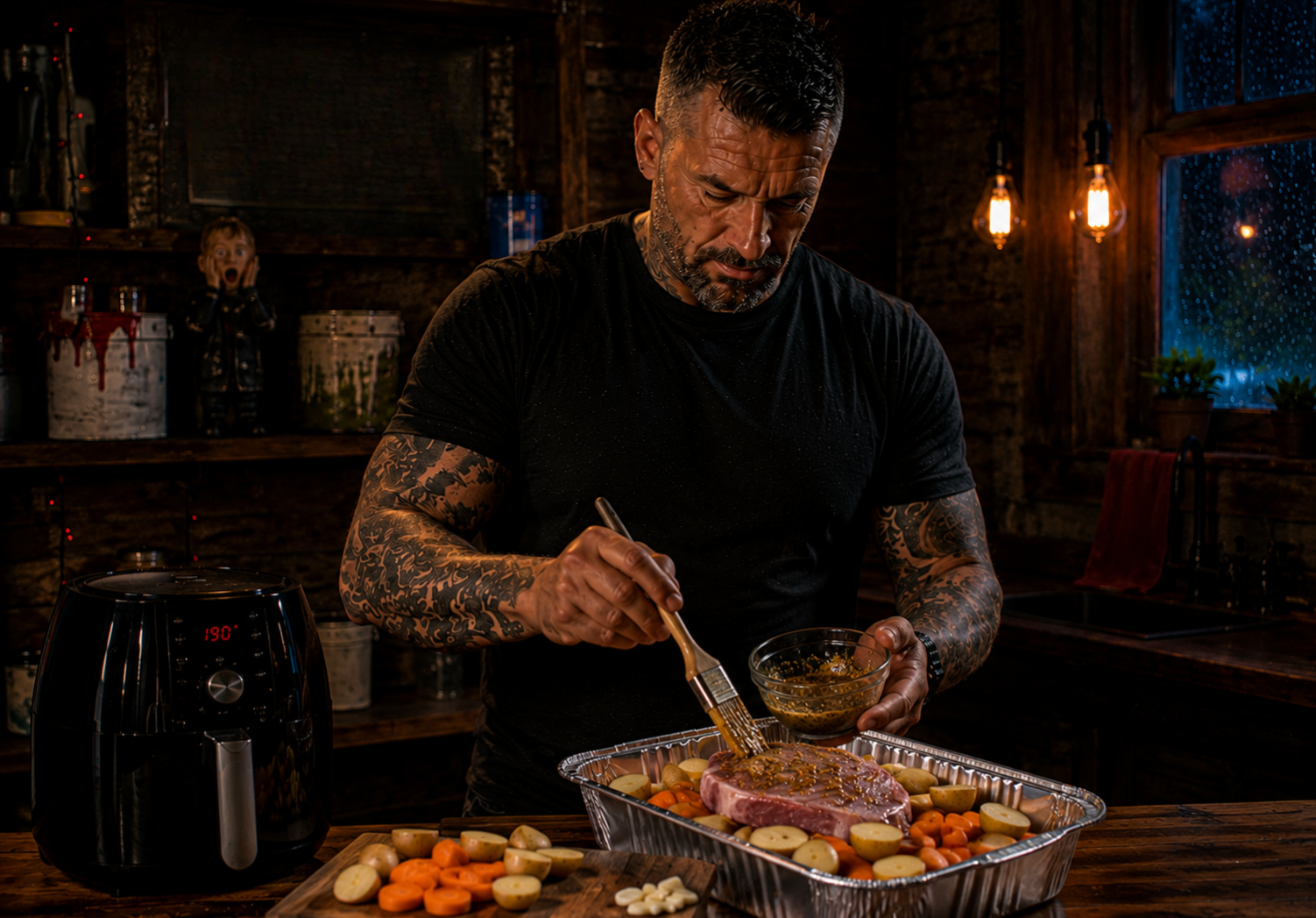 Air-Fryer Honey Mustard Pork Chop Tray preparation stage