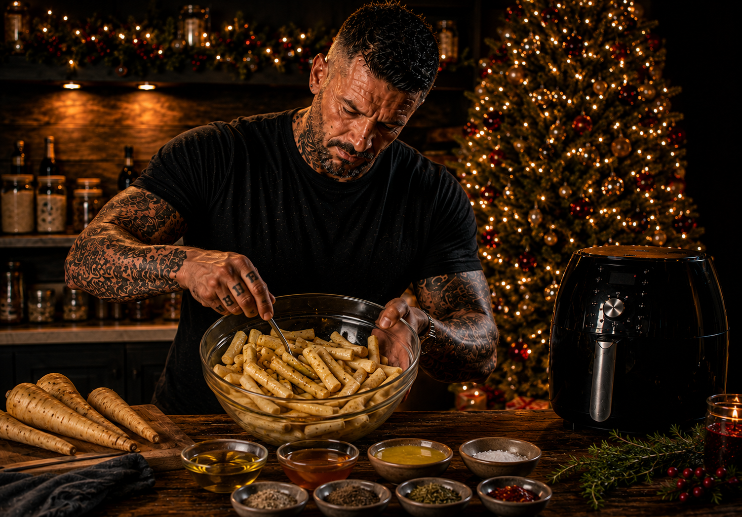Air-Fryer Honey Roast Parsnips preparation stage