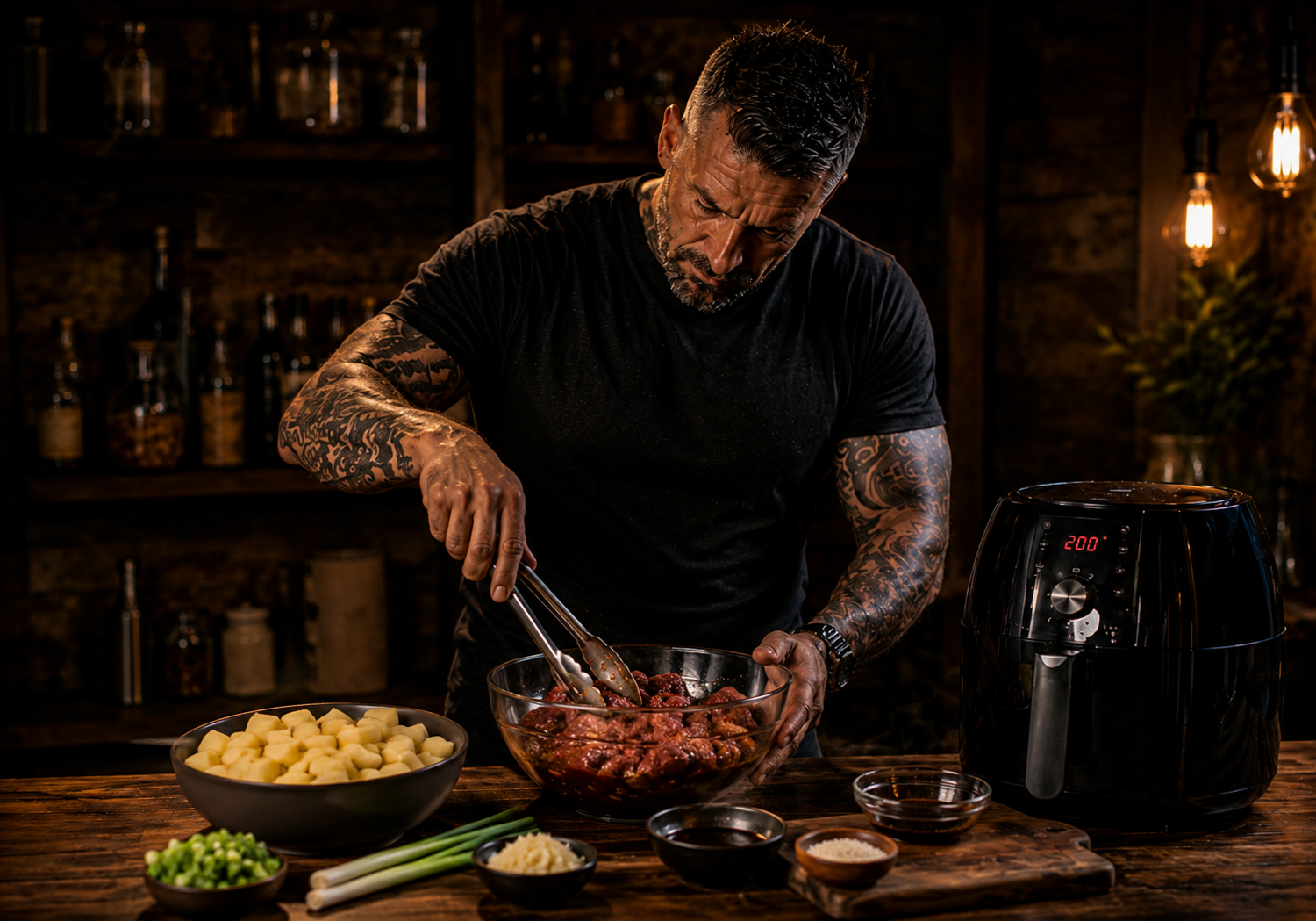 Air-Fryer Honey Soy Roast Duck Potato Pots preparation stage