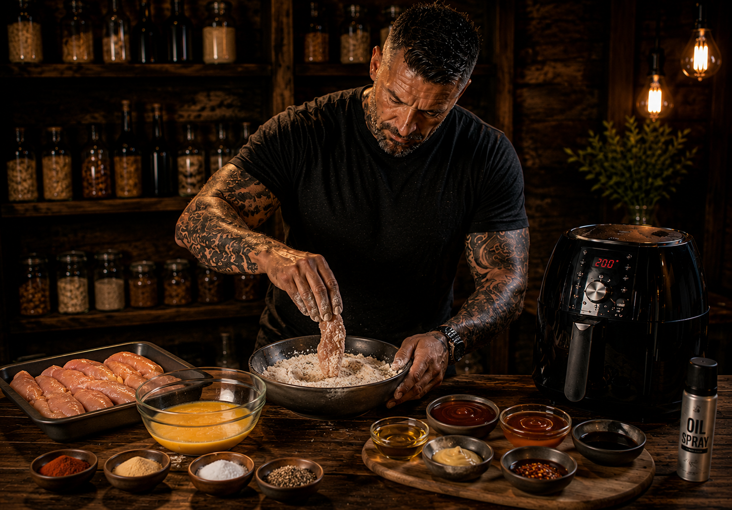 Air Fryer Hot Honey BBQ Chicken Tenders preparation stage