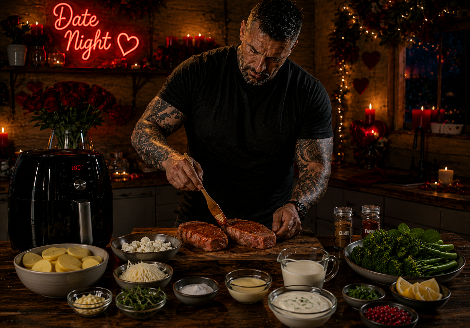 Air-Fryer Harissa Lamb Rump with Feta Dauphinoise preparation stage