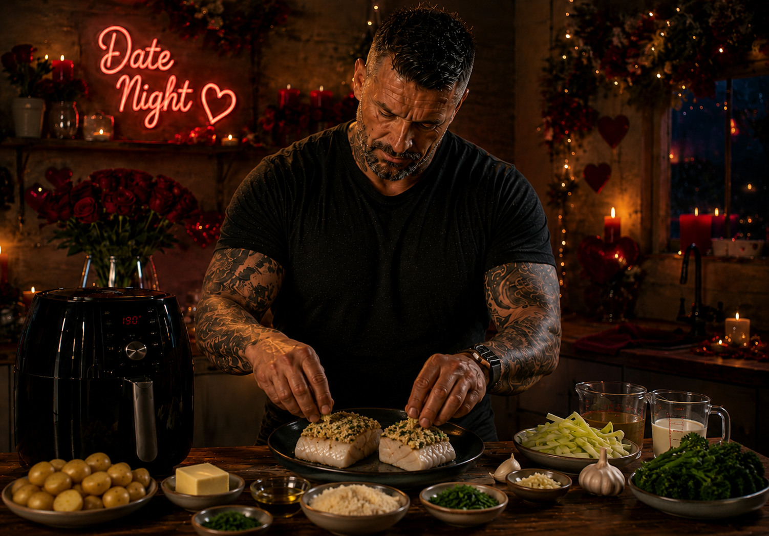 Air-Fryer Herb-Crusted Halibut with Champagne Leek Cream preparation stage