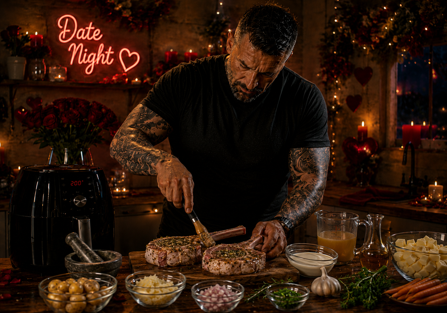 Air-Fryer Herb-Crusted Pork Tomahawk with Apple Brandy Cream preparation stage