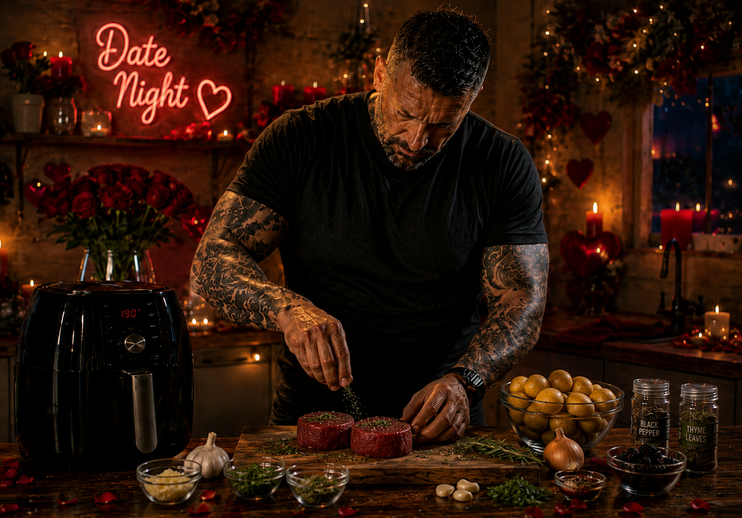 Air-Fryer Herb-Crusted Venison Medallions with Blackberry Red Wine Sauce preparation stage