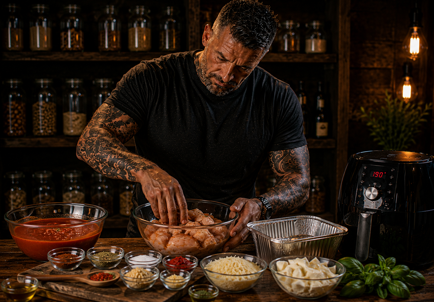 Air-Fryer Italian Herb Chicken Mozzarella Bake preparation stage