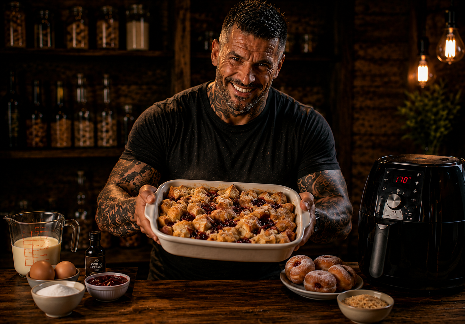 Air-Fryer Jam Doughnut Bread Pudding