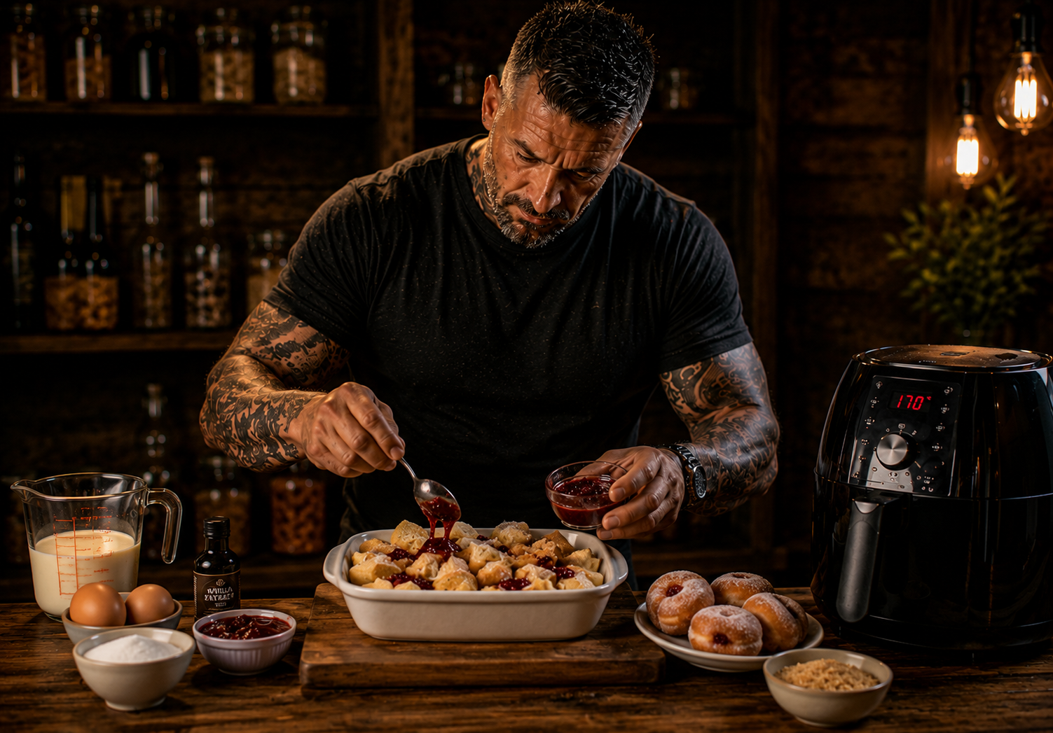 Air-Fryer Jam Doughnut Bread Pudding preparation stage