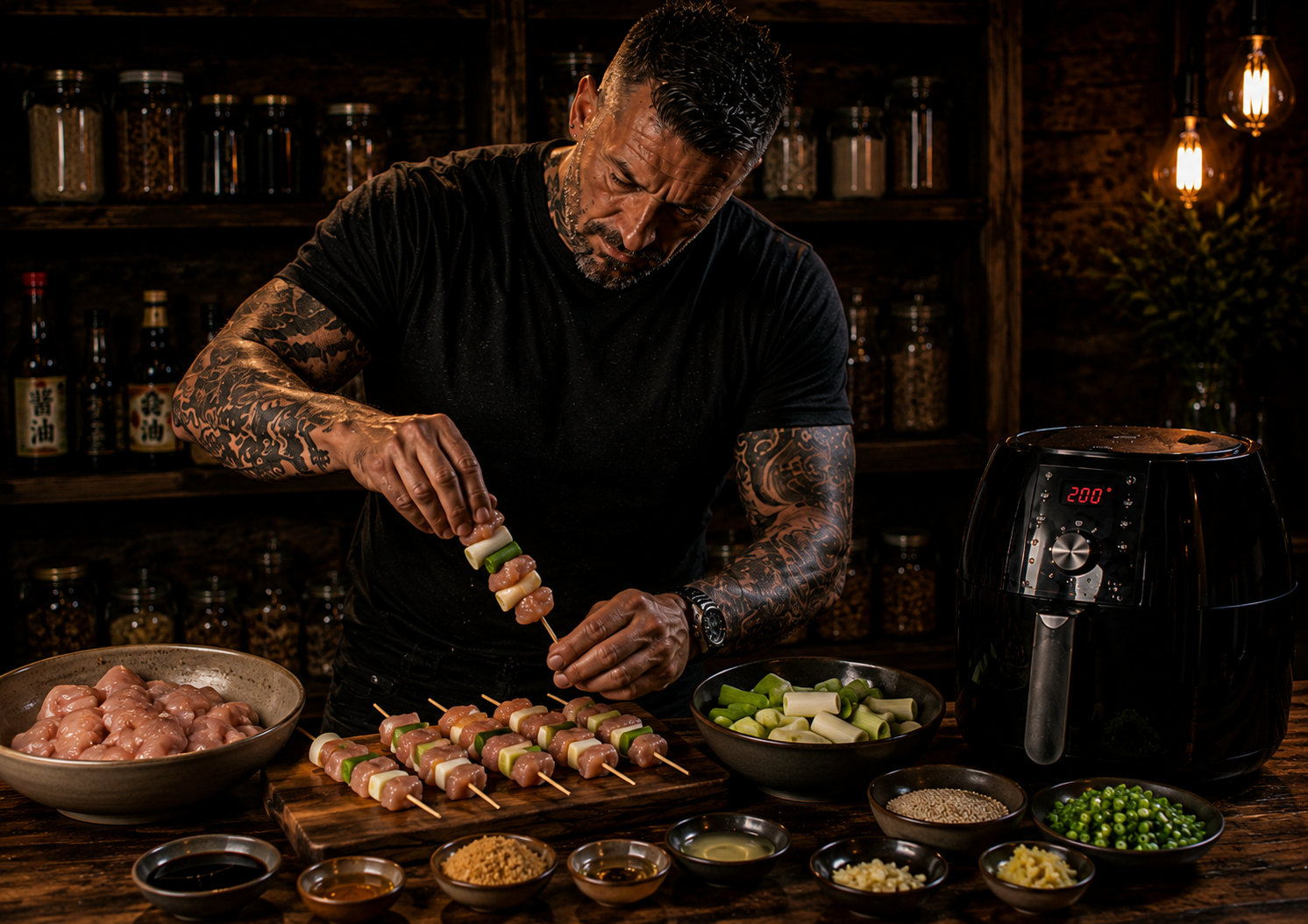 Air-Fryer Japanese Yakitori Chicken Skewers preparation stage