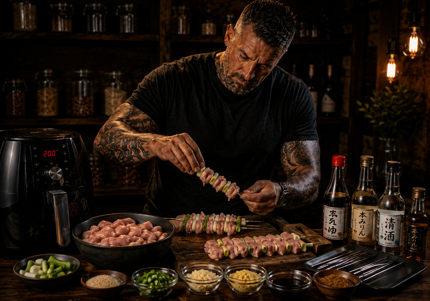 Air-Fryer Japanese Yakitori Chicken Skewer Trays preparation stage