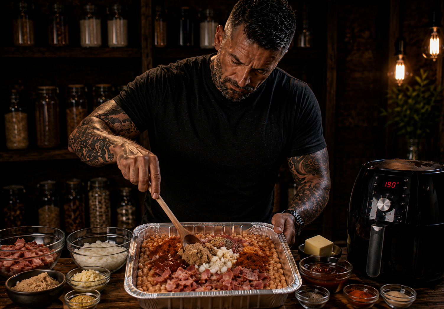 Air Fryer Kansas Pit Beans with Burnt Bacon Ends preparation stage