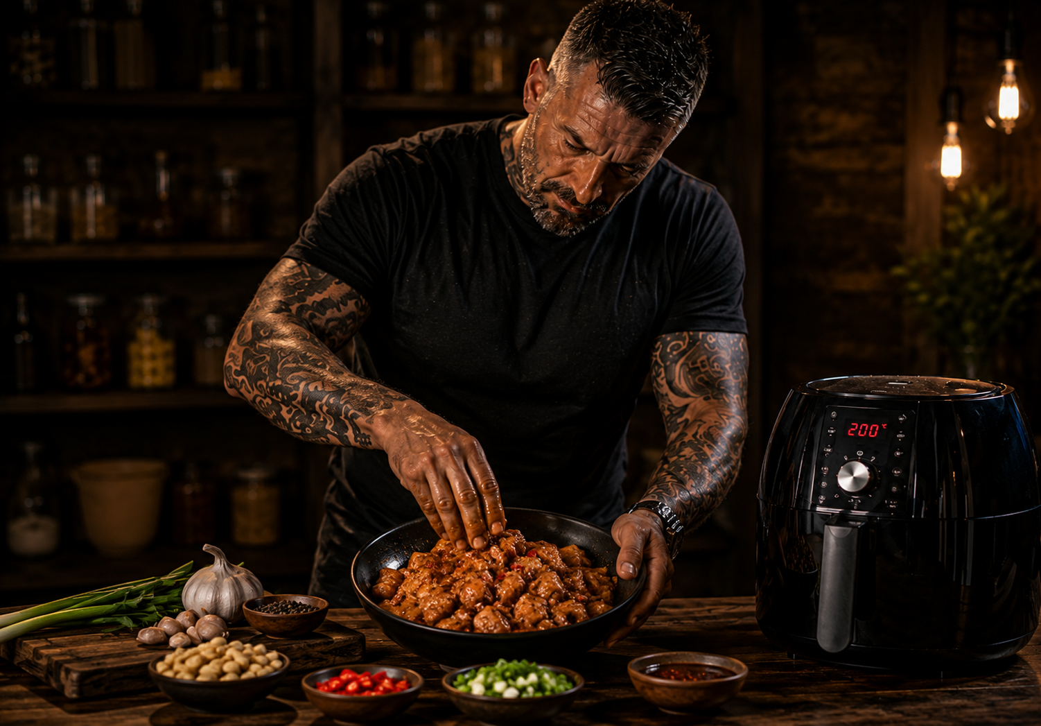 Air-Fryer Kung Pao Chicken Bites preparation stage