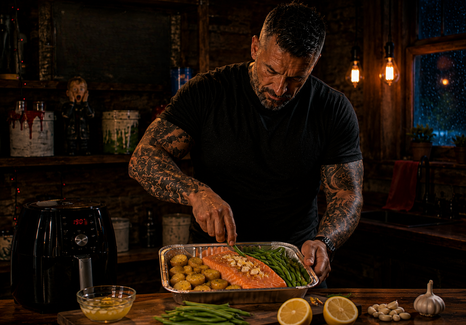 Air-Fryer Lemon Herb Salmon & Greens preparation stage