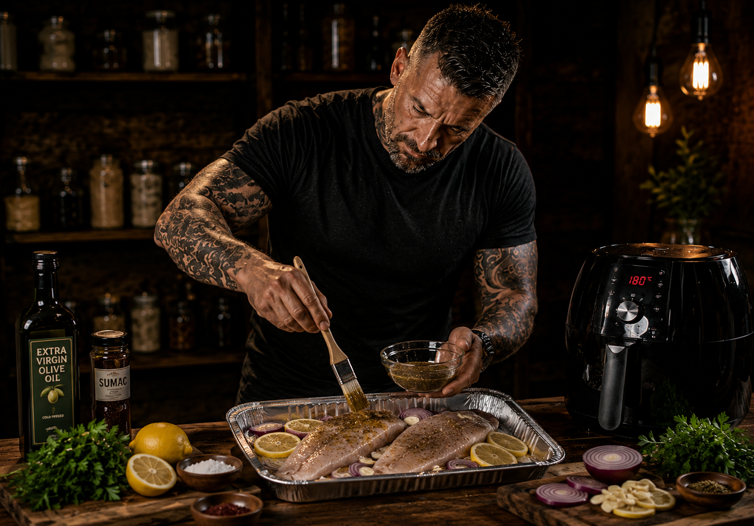 Air-Fryer Turkish Lemon Sumac Sea Bass preparation stage