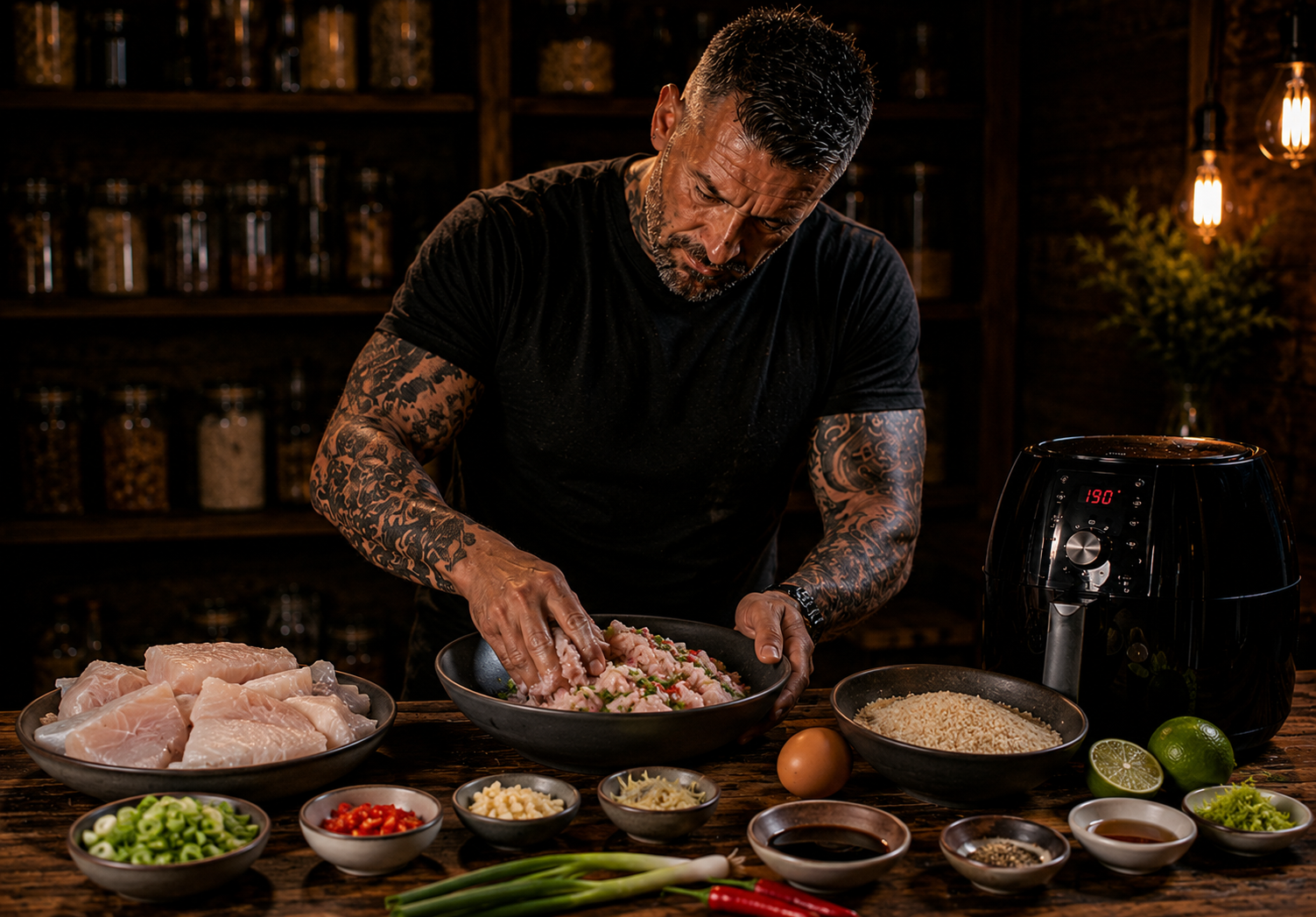 Air-Fryer Thai Chilli Lime Fish Cakes preparation stage