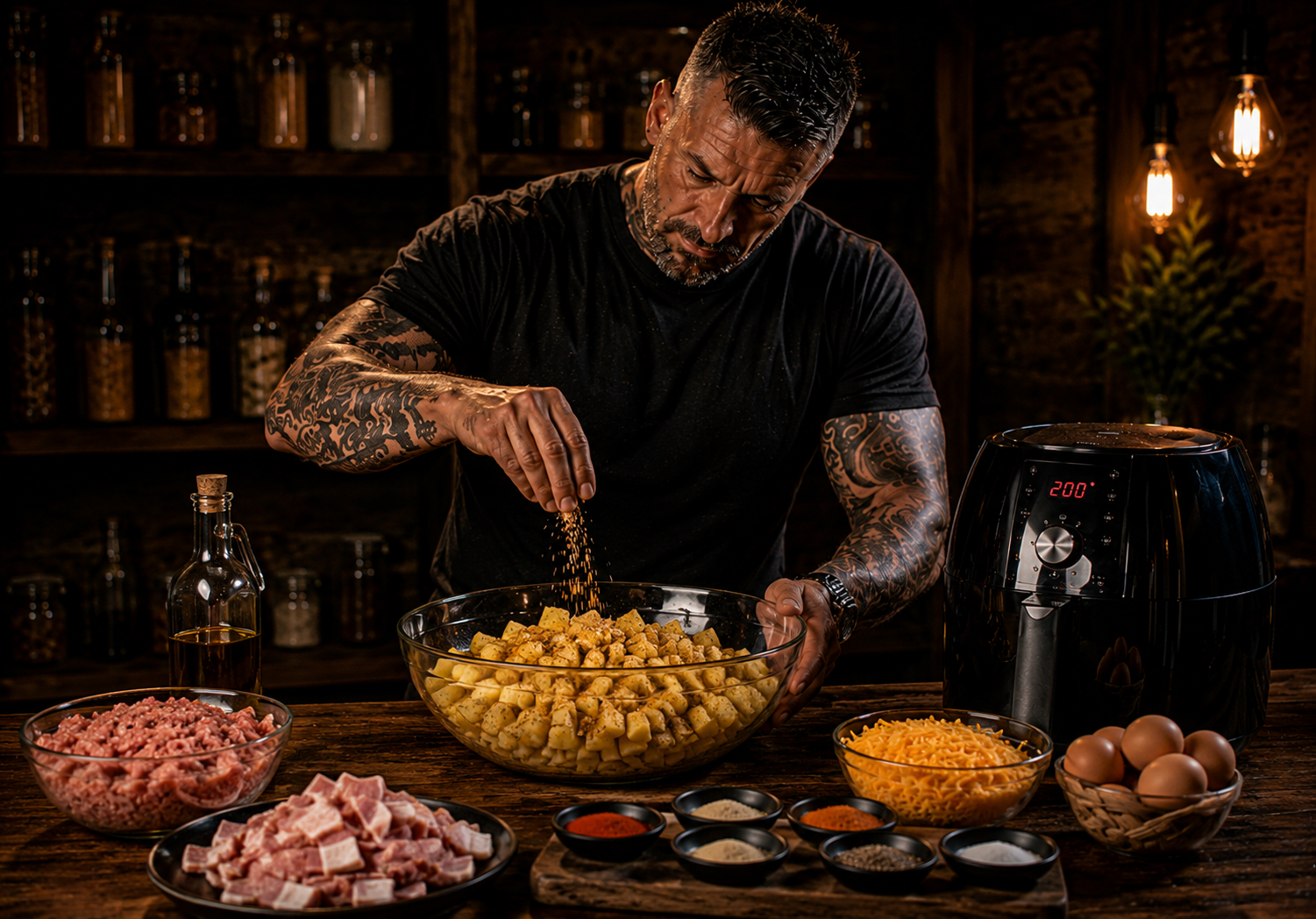 Air-Fryer Loaded BBQ Breakfast Hash Trays preparation stage