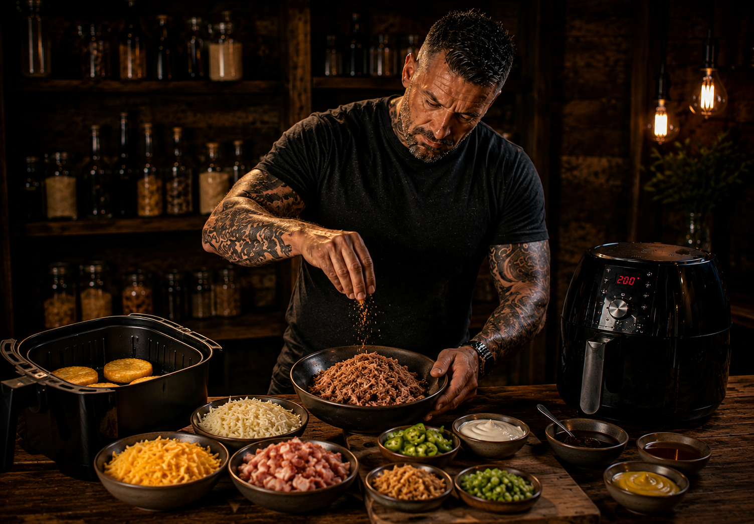 Air Fryer Loaded BBQ Hash Brown Stacks preparation stage
