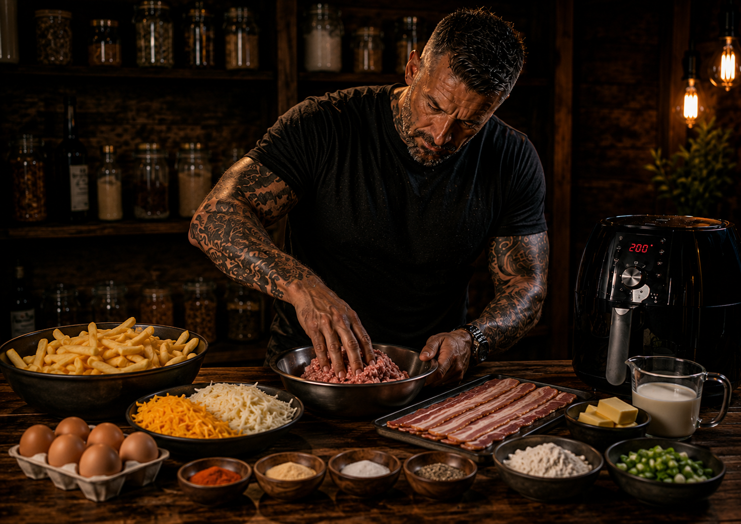 Air-Fryer Loaded Breakfast Burger Fries preparation stage