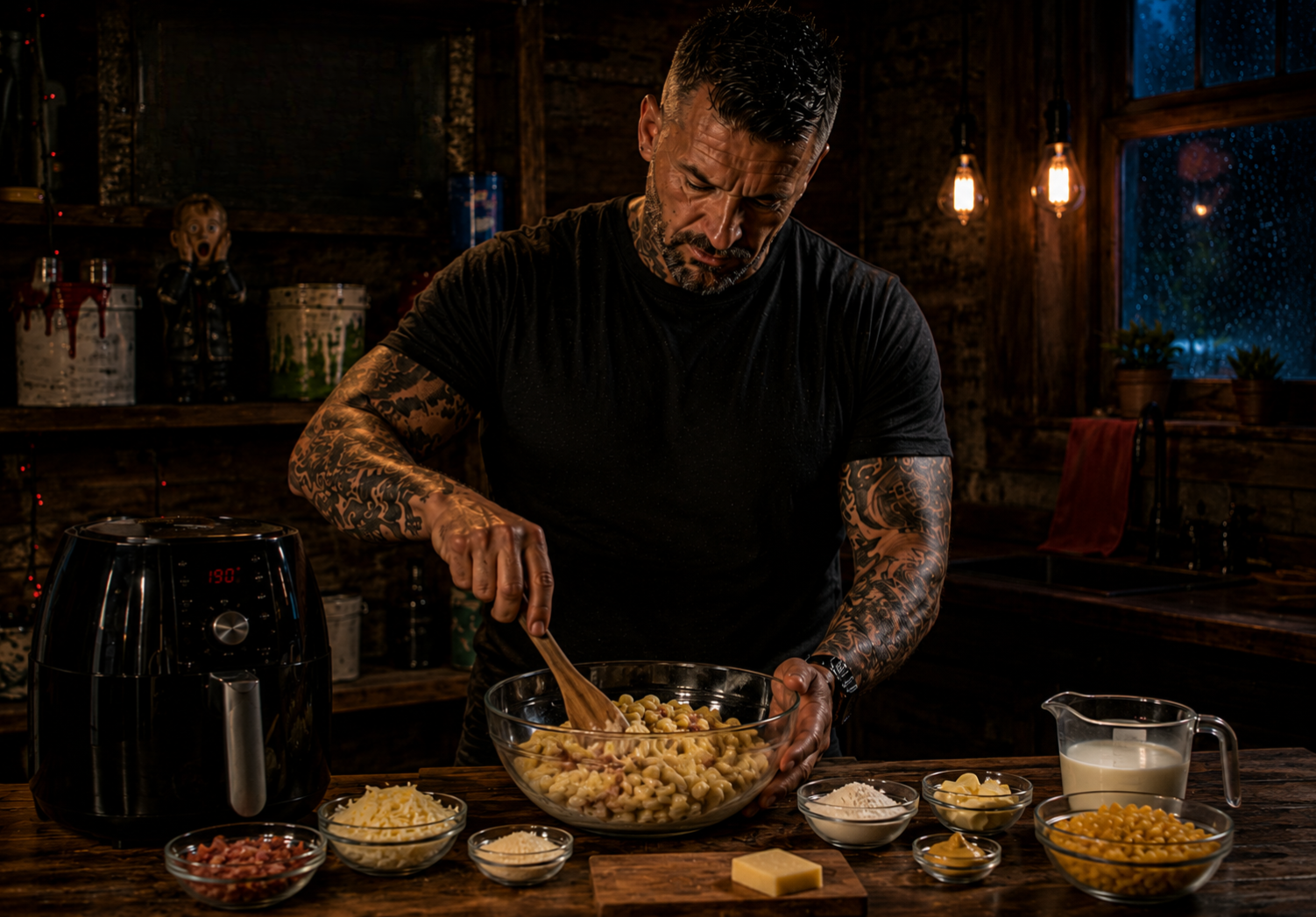 Air-Fryer Loaded Mac & Cheese preparation stage