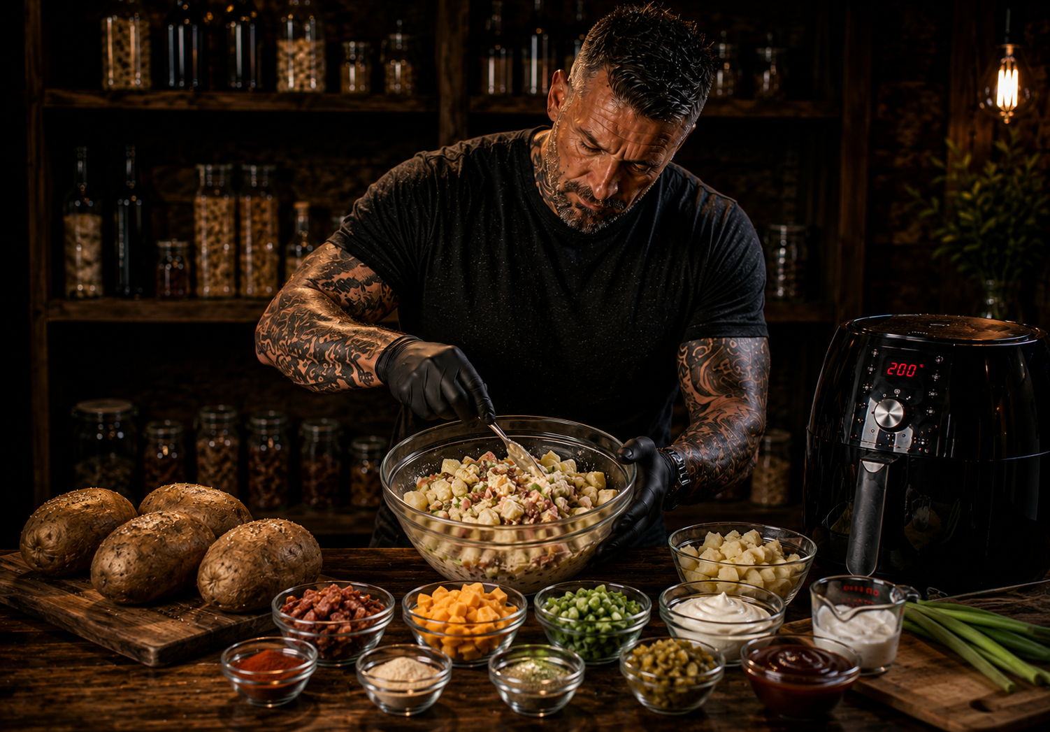 Air Fryer Loaded Smokehouse Potato Salad Boats preparation stage