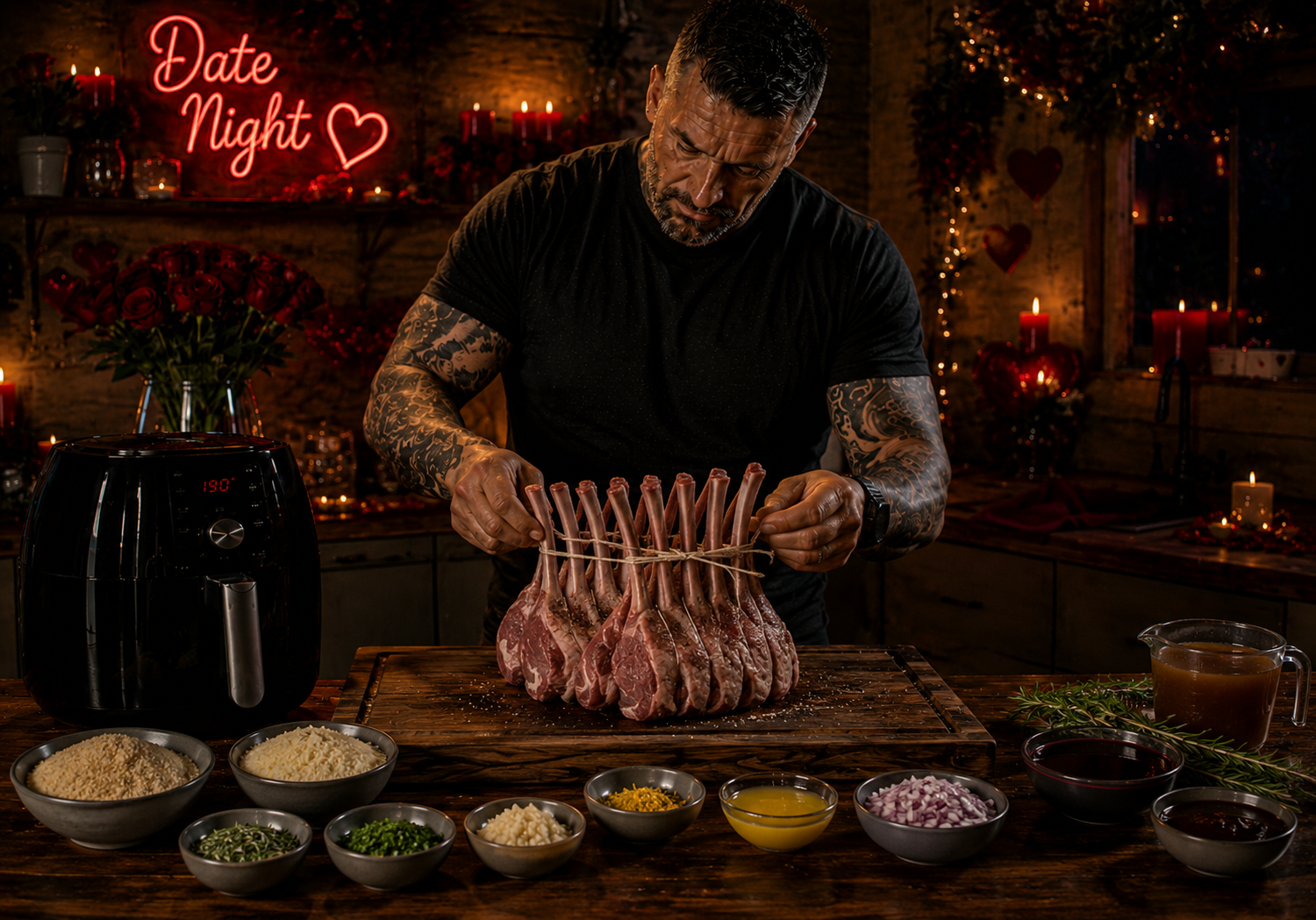 Air-Fryer Lamb Guard of Honour with Rosemary Garlic Crust preparation stage