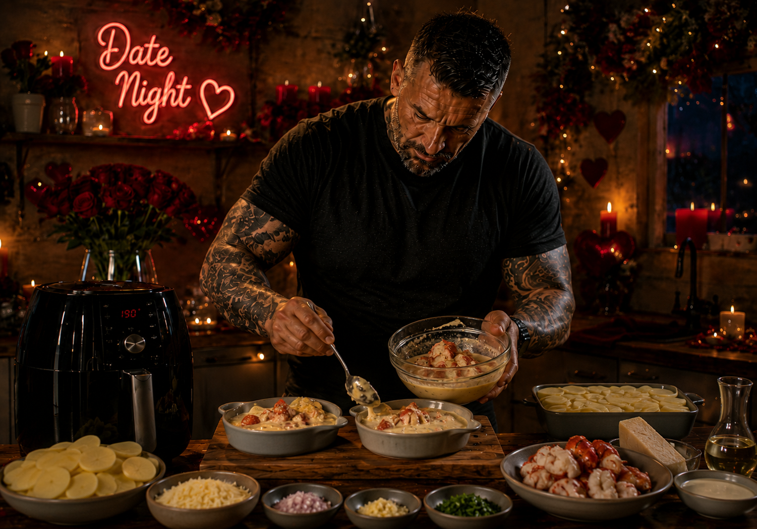 Air-Fryer Lobster Thermidor Dauphinoise Pots preparation stage