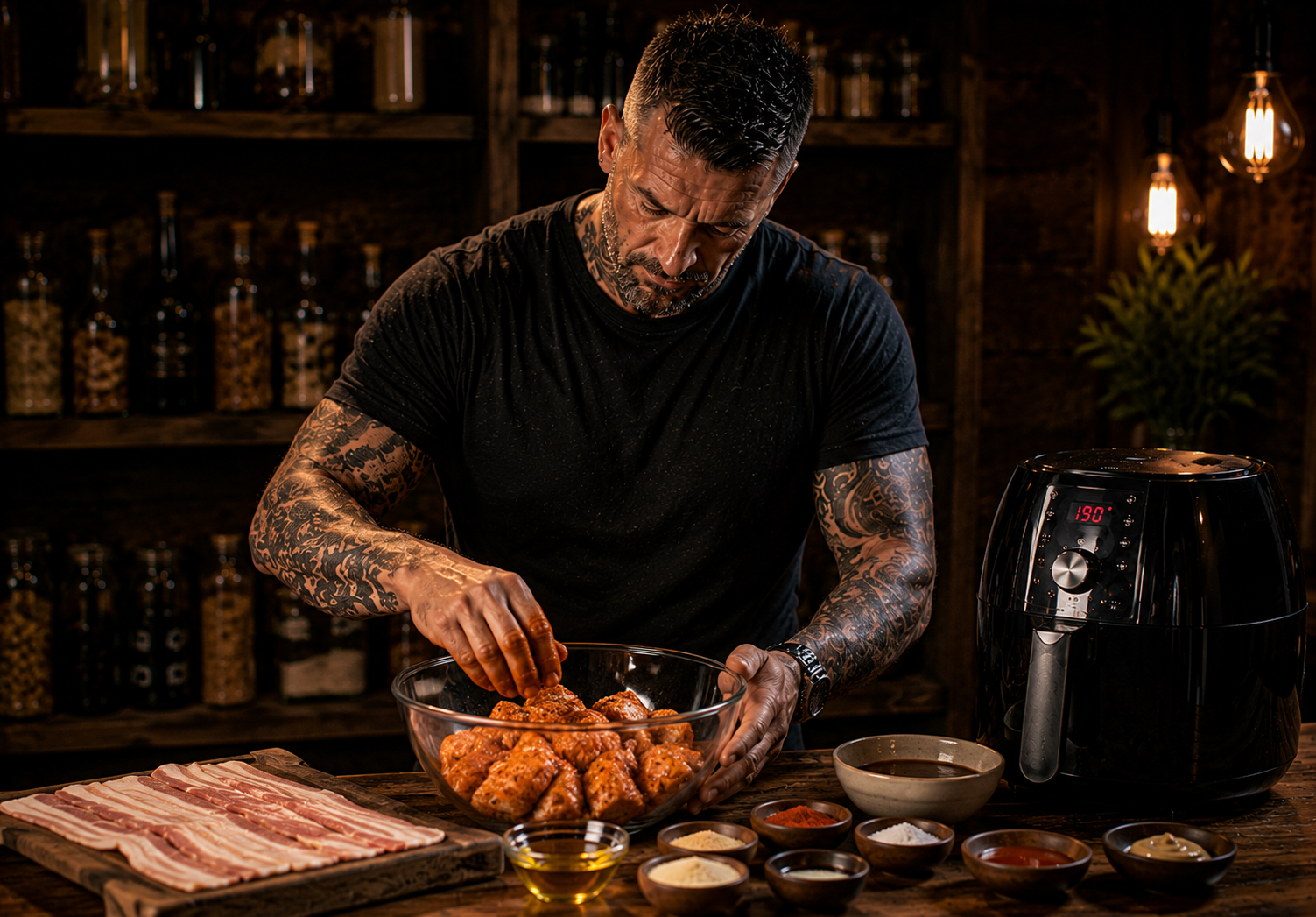 Air Fryer Maple Bacon BBQ Chicken Bites preparation stage