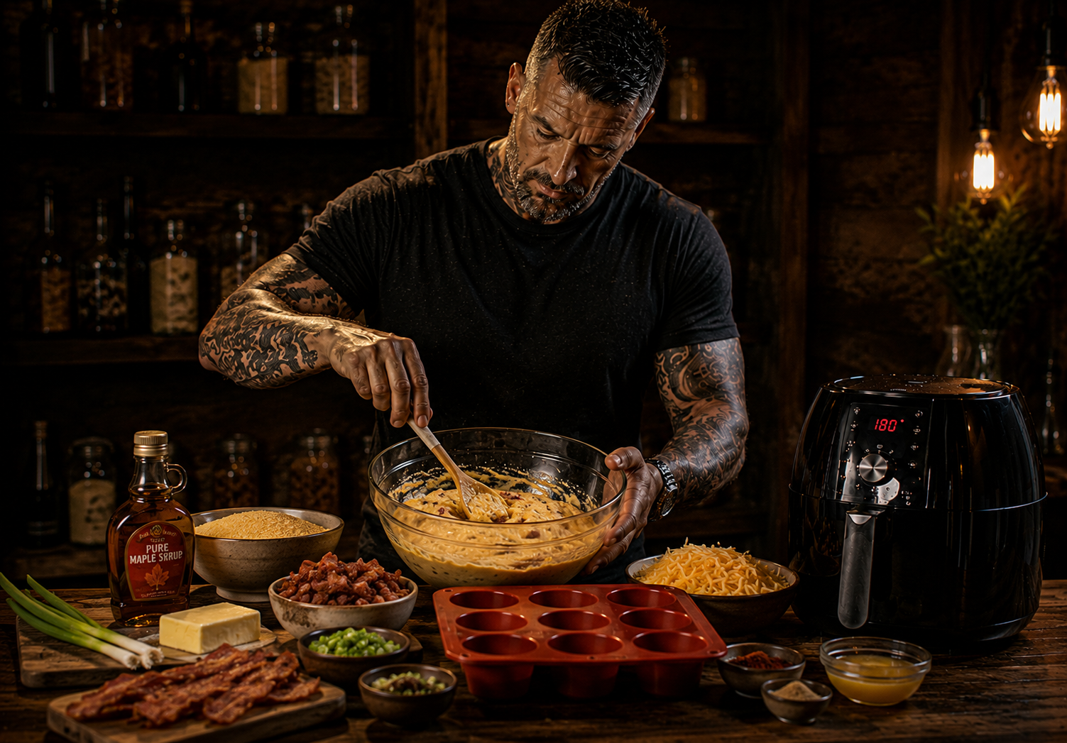 Air Fryer Maple Bacon Cornbread Muffin Bites preparation stage