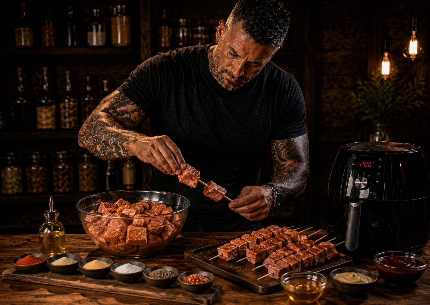 Air-Fryer Maple BBQ Pork Belly Skewers preparation stage