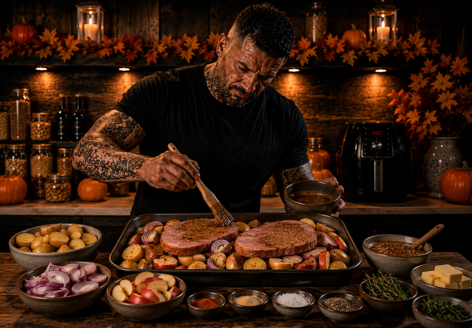 AIR-FRYER MAPLE MUSTARD HAM STEAK TRAYS preparation stage