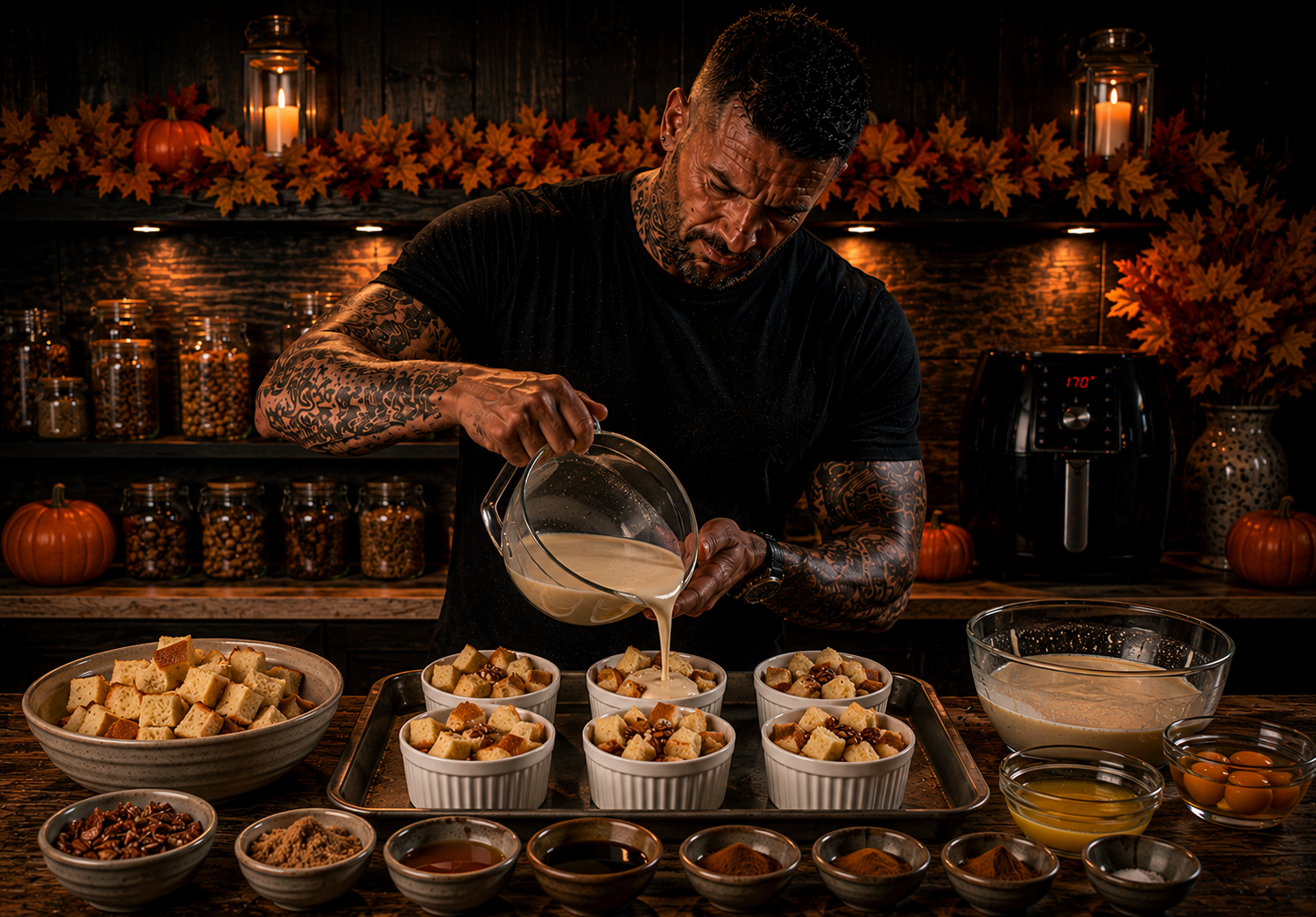 AIR-FRYER MAPLE PECAN BREAD PUDDING POTS preparation stage