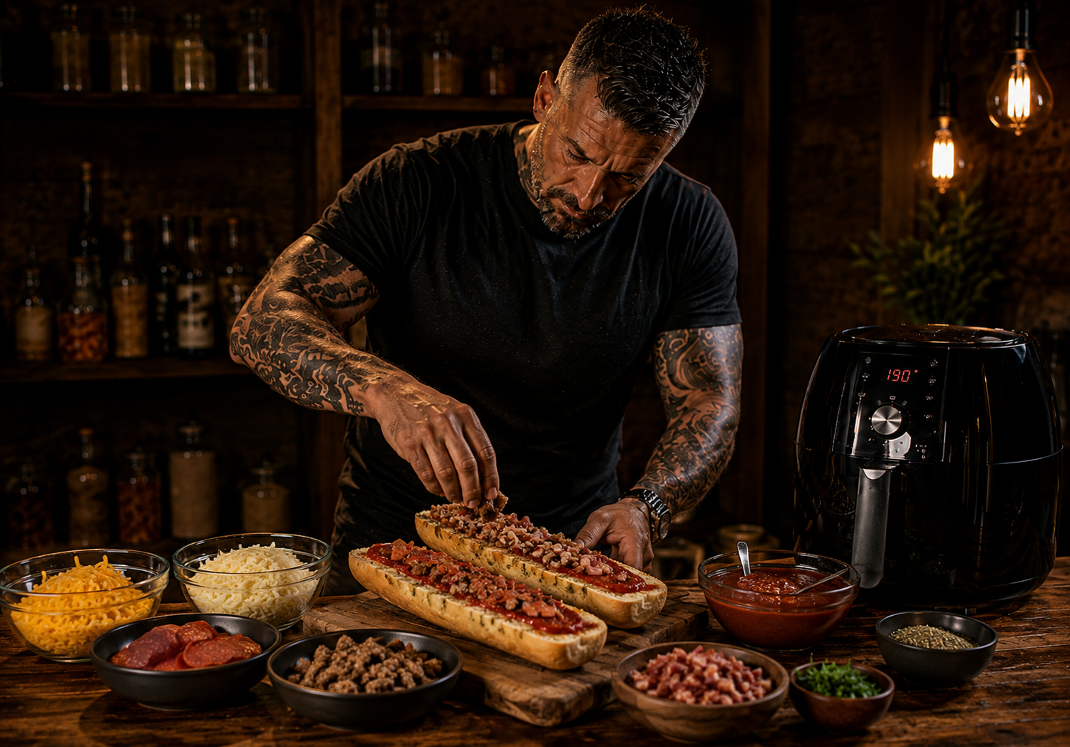 Air-Fryer Meat Feast Pizza Garlic Bread Boats preparation stage
