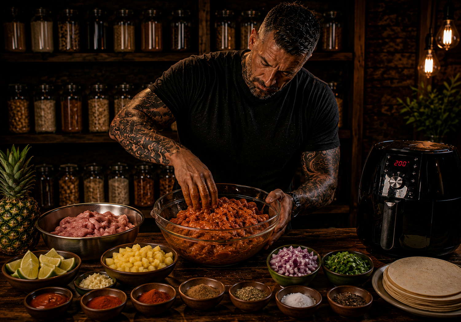 Air-Fryer Mexican Al Pastor Pork Taco Trays preparation stage