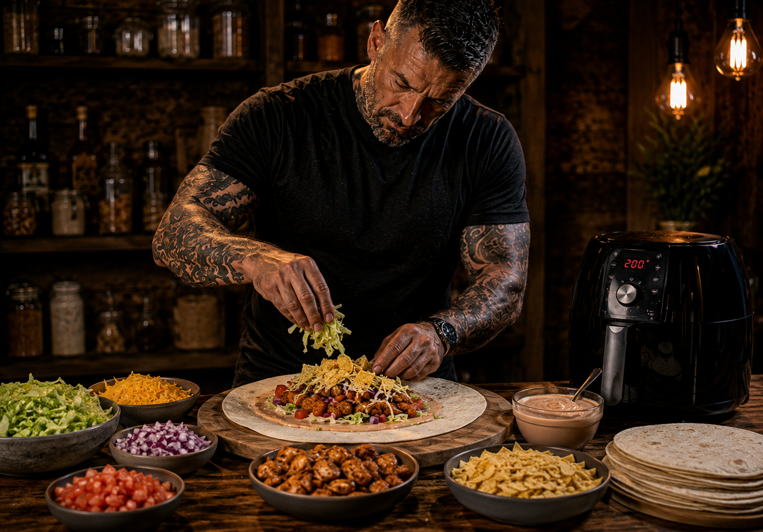 Air-Fryer Mexican Chicken Crunch Wraps preparation stage