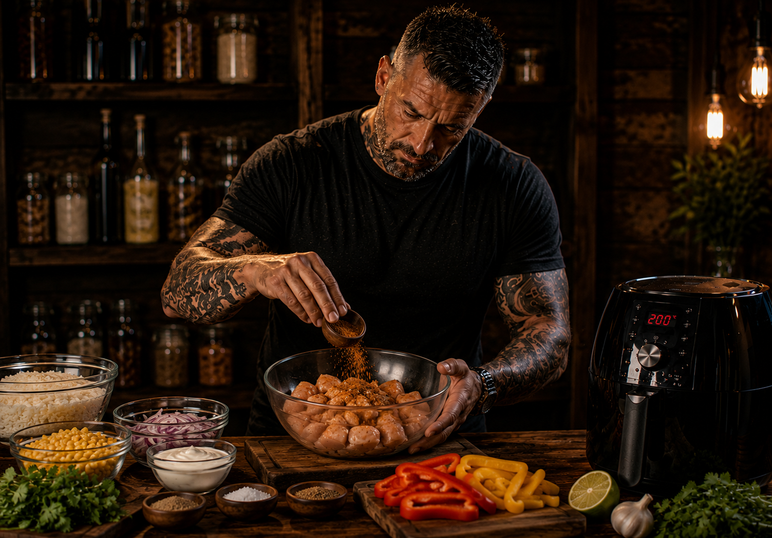 Air-Fryer Mexican Street Chicken Rice Bowls preparation stage