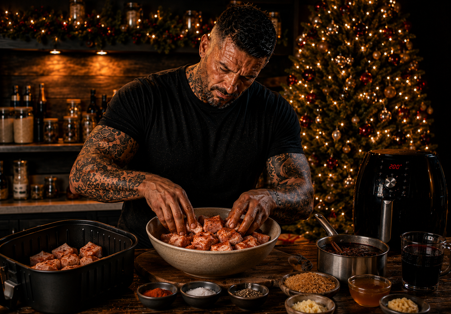Air-Fryer Mulled Wine Pork Belly Bites preparation stage
