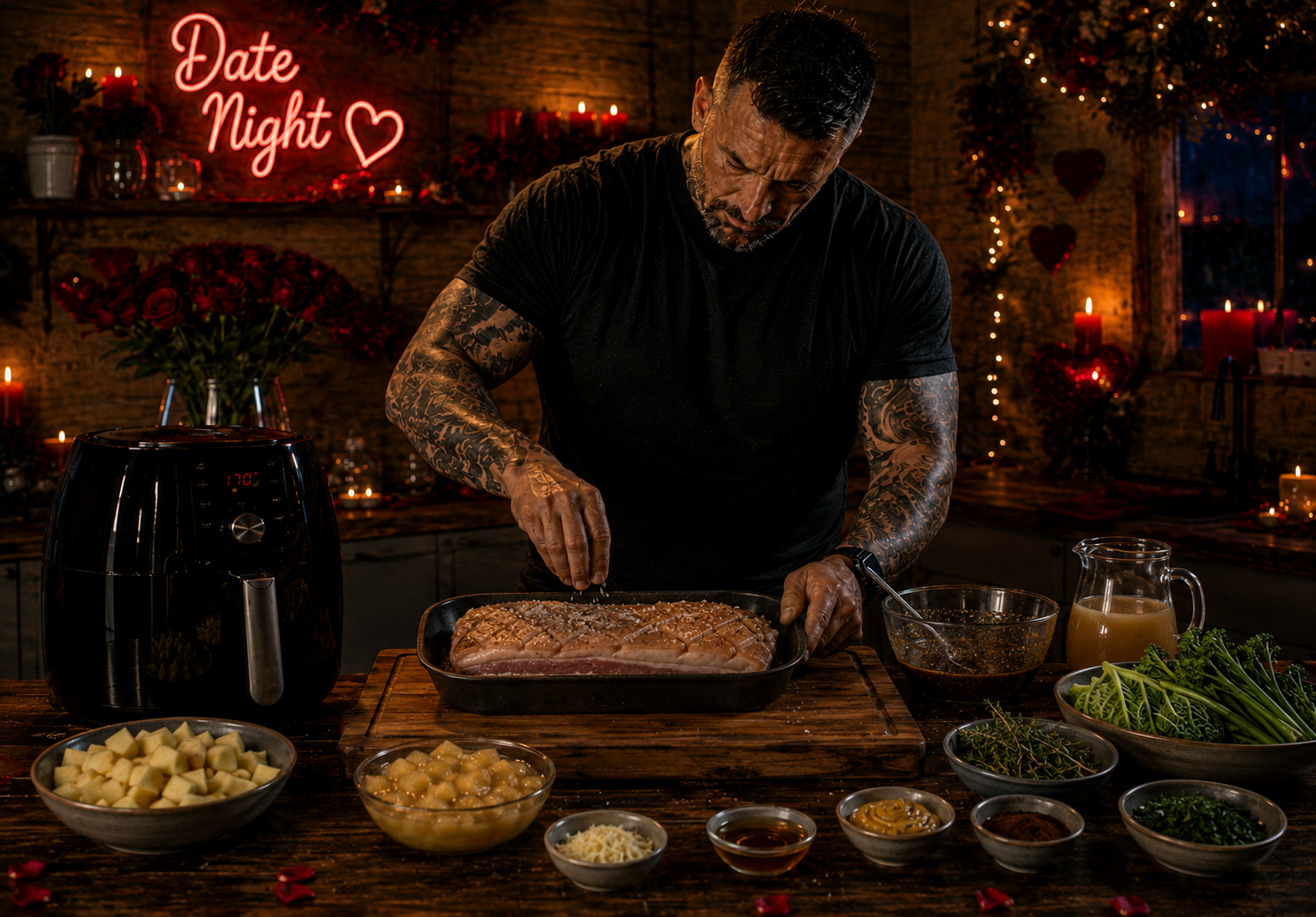 Air-Fryer Maple-Bourbon Pork Belly with Smoked Apple Purée preparation stage