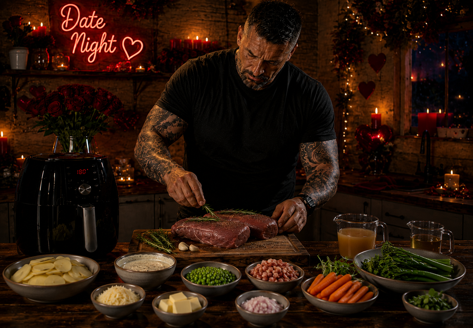 Air-Fryer Minted Lamb Cannon with Pea, Pancetta & Potato Terrine preparation stage